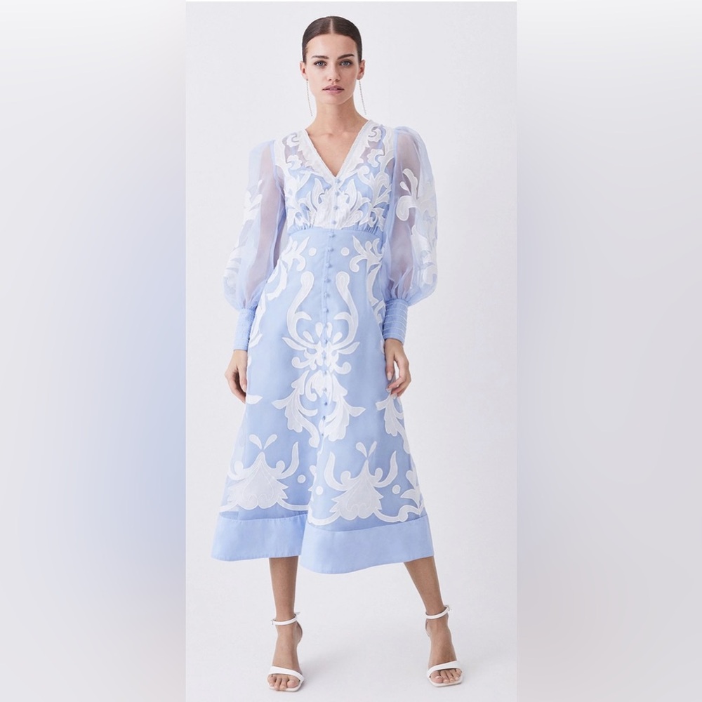Karen Millen Light Blue and White Long Sleeve Dress